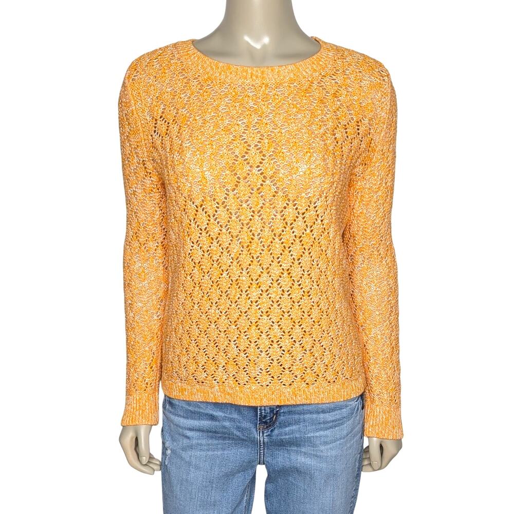 Talbots Womens Crewneck Sweater Small Petite Pointelle Open Knit Orange Marl
